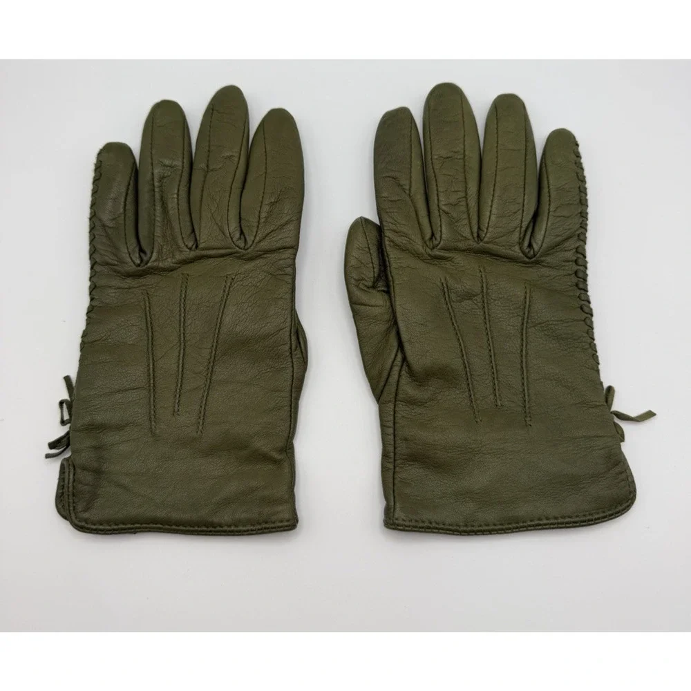 Olive Green Leather Gloves Side Stitching Detail Size Medium
